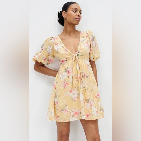 Abercrombie & Fitch Yellow Floral Cinch-Front Poplin Mini Dress - Size S - Picture 5 of 6